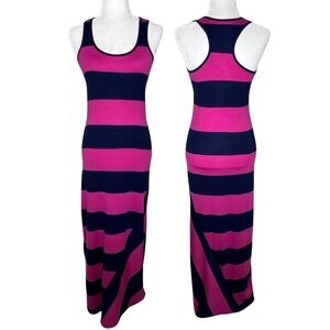 6 degrees Maxi Dress Stretchy Striped Racerback Fuchsia Hot Pink Navy Blue XS